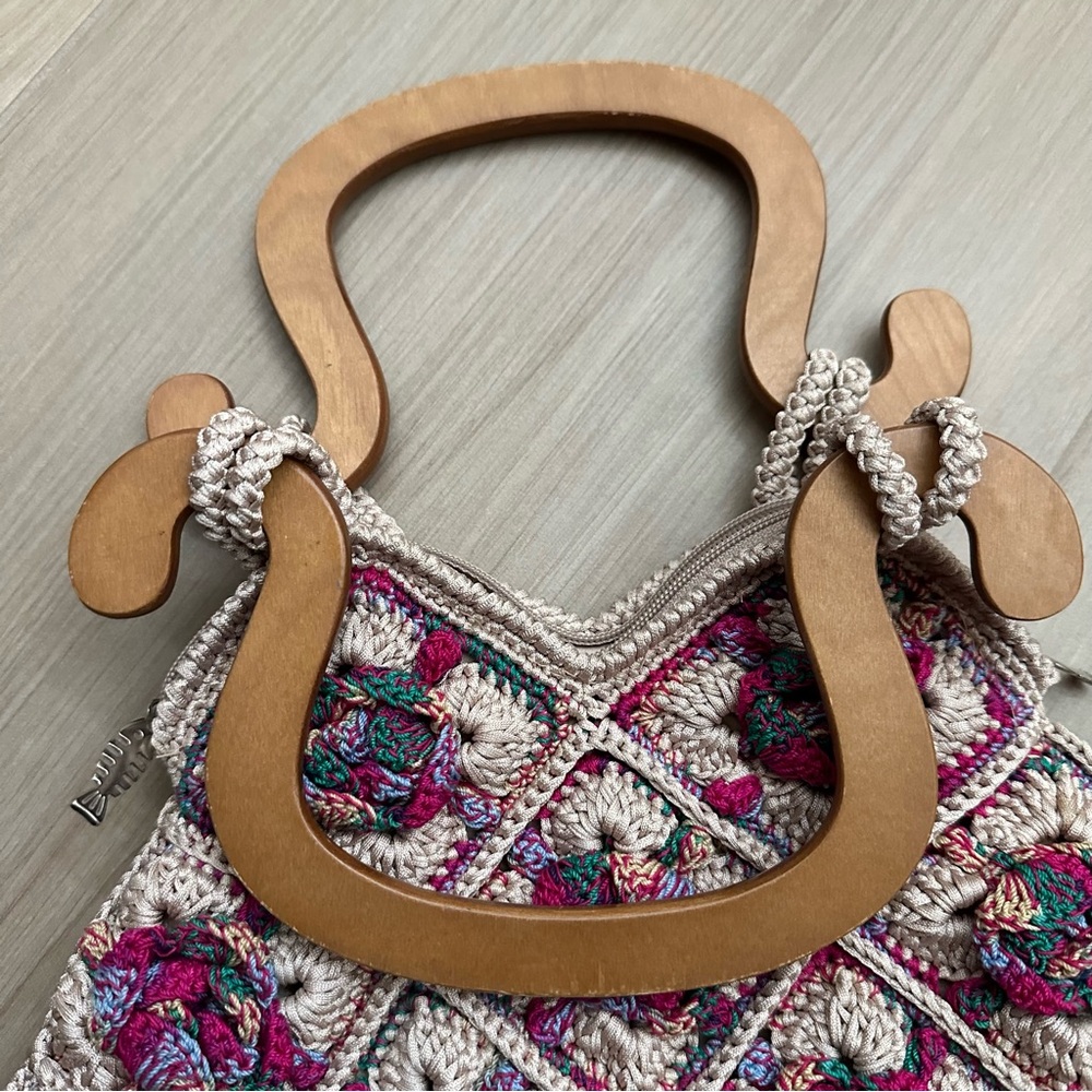 Ricardo Beverly Hills Handbag Woven W/ Wood Handles Lined Zip Floral Purse RARE - Picture 6 of 16